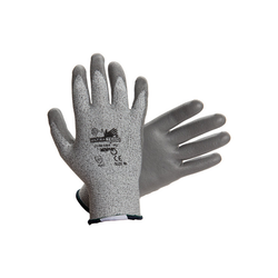 A pair of grey cut resistant gloves.