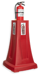 A fire extinguisher in a stand.