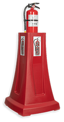 A fire extinguisher in a stand.